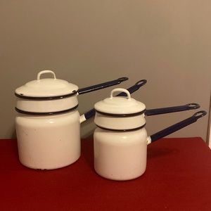 VINTAGE WHITE WITH BLUE TRIM ENAMEL WARE SET OF 2